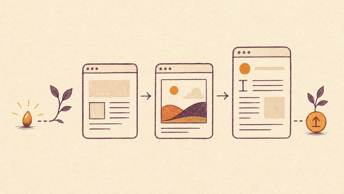 A warm hand-drawn sequence showing a small idea becoming web pages, an image, and a published upload.