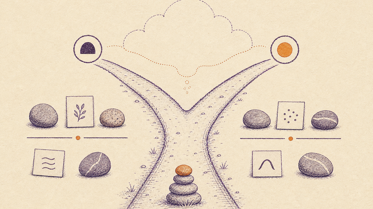 A hand-drawn forked path under a cloud, with balanced stones and cards representing the pros and cons of a past decision.