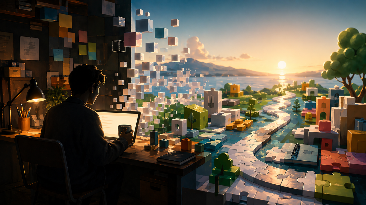 A person at a desk using a laptop while a world of floating cubes, puzzle pieces, and small buildings forms from the workspace into a bright landscape.