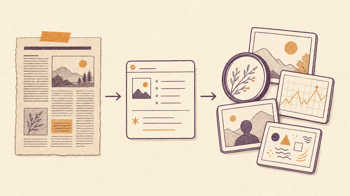 A warm hand-drawn sequence showing an article becoming a wiki note and then several frames for looking at the idea.