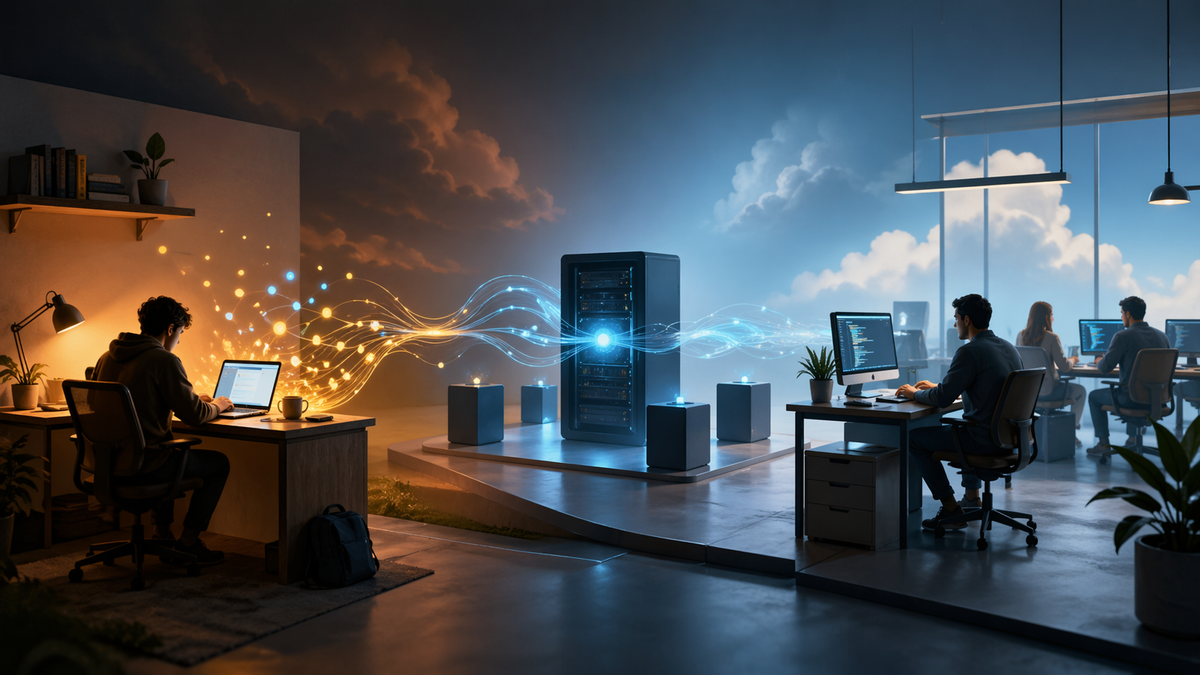 A lone developer working locally on the left, a shared server in the center, and a team workspace on the right, connected by flowing light between personal setup and company infrastructure.